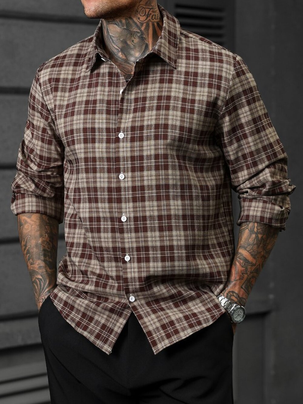 Brown Casual Men's Plaid Single-Breasted Long Sleeve Shirt - Picture 3 of 5